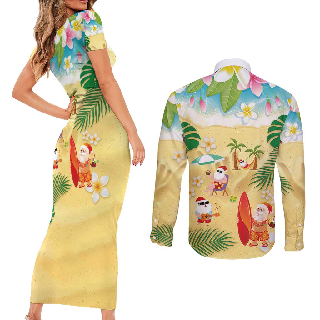 Hawaiian Mele Kalikimaka Couples Matching Short Sleeve Bodycon Dress and Long Sleeve Button Shirt Tropical Plumeria and Lei Funny Santa Beach LT03 - Polynesian Pride