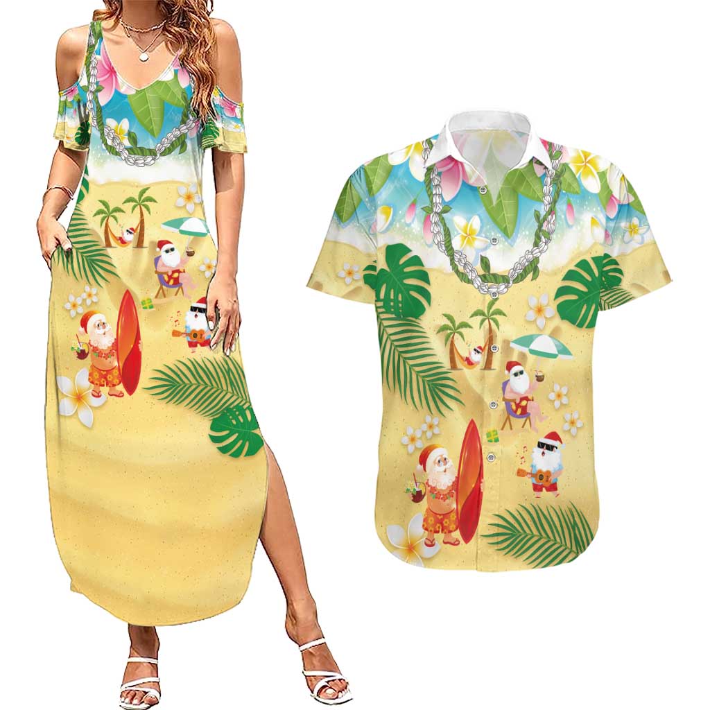 Hawaiian Mele Kalikimaka Couples Matching Summer Maxi Dress and Hawaiian Shirt Tropical Plumeria and Lei Funny Santa Beach LT03 Multicolor - Polynesian Pride