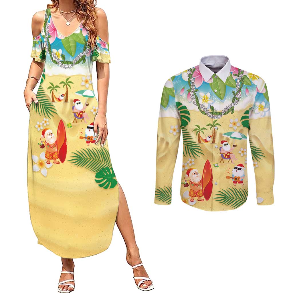 Hawaiian Mele Kalikimaka Couples Matching Summer Maxi Dress and Long Sleeve Button Shirt Tropical Plumeria and Lei Funny Santa Beach LT03 Multicolor - Polynesian Pride