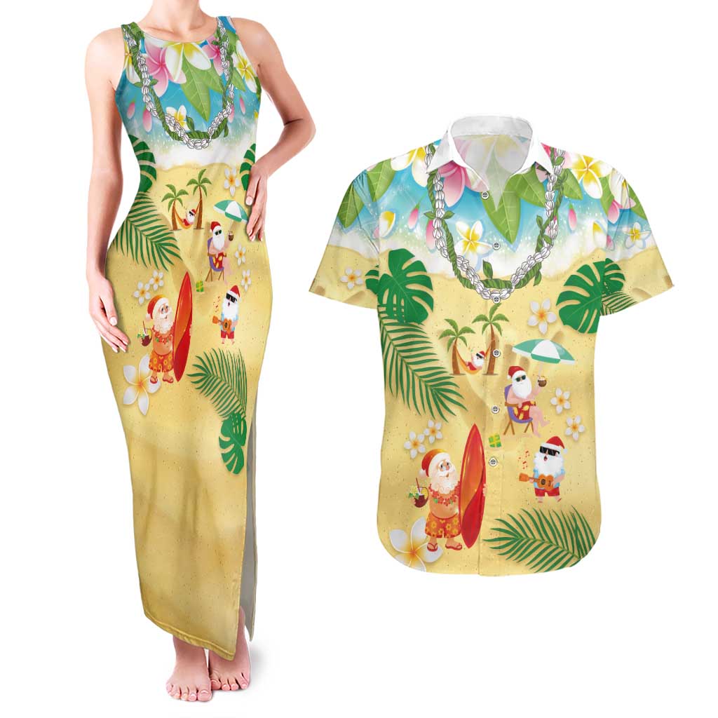 Hawaiian Mele Kalikimaka Couples Matching Tank Maxi Dress and Hawaiian Shirt Tropical Plumeria and Lei Funny Santa Beach LT03 Multicolor - Polynesian Pride
