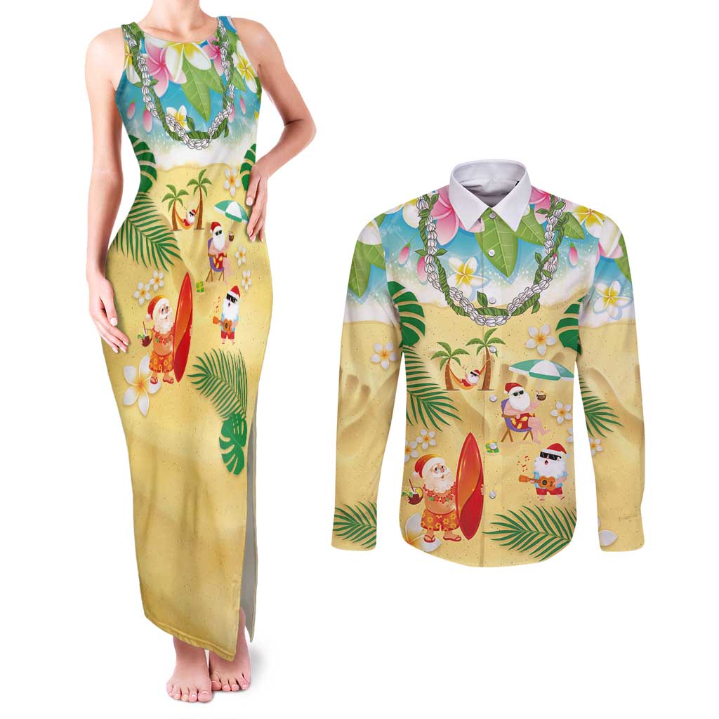 Hawaiian Mele Kalikimaka Couples Matching Tank Maxi Dress and Long Sleeve Button Shirt Tropical Plumeria and Lei Funny Santa Beach LT03 Multicolor - Polynesian Pride