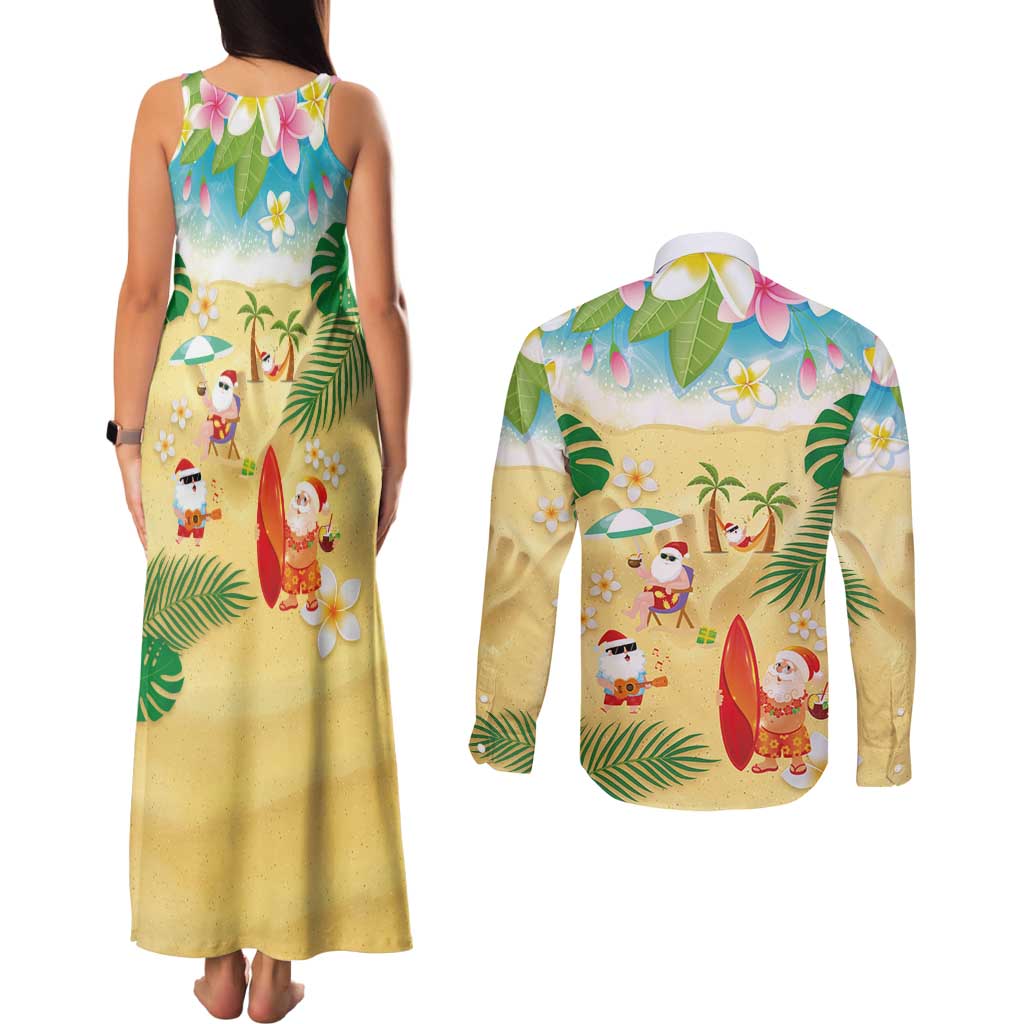 Hawaiian Mele Kalikimaka Couples Matching Tank Maxi Dress and Long Sleeve Button Shirt Tropical Plumeria and Lei Funny Santa Beach LT03 - Polynesian Pride