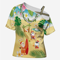 Hawaiian Mele Kalikimaka Cross Shoulder Shirt Tropical Plumeria and Lei Funny Santa Beach LT03 Female Multicolor - Polynesian Pride