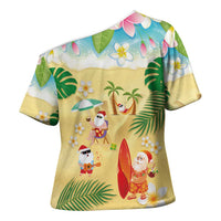 Hawaiian Mele Kalikimaka Cross Shoulder Shirt Tropical Plumeria and Lei Funny Santa Beach LT03 - Polynesian Pride