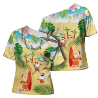 Hawaiian Mele Kalikimaka Cross Shoulder Shirt Tropical Plumeria and Lei Funny Santa Beach LT03 - Polynesian Pride