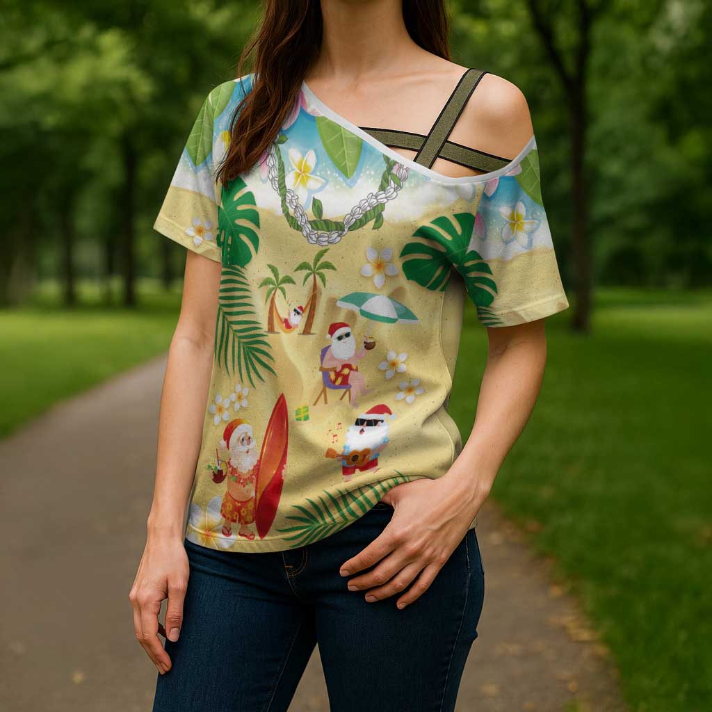 Hawaiian Mele Kalikimaka Cross Shoulder Shirt Tropical Plumeria and Lei Funny Santa Beach LT03 - Polynesian Pride