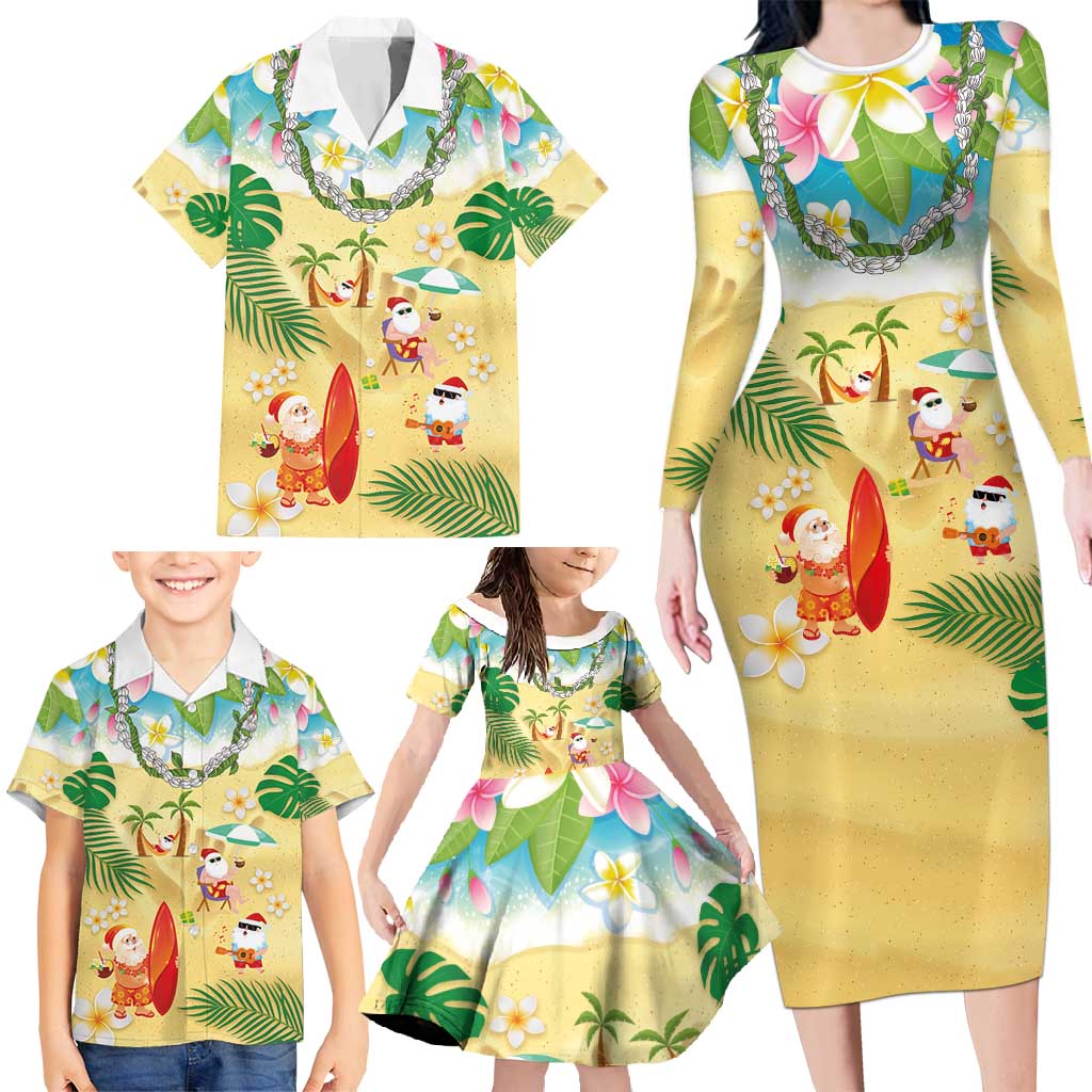 Hawaiian Mele Kalikimaka Family Matching Long Sleeve Bodycon Dress and Hawaiian Shirt Tropical Plumeria and Lei Funny Santa Beach LT03 - Polynesian Pride