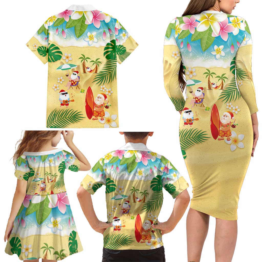 Hawaiian Mele Kalikimaka Family Matching Long Sleeve Bodycon Dress and Hawaiian Shirt Tropical Plumeria and Lei Funny Santa Beach LT03 - Polynesian Pride