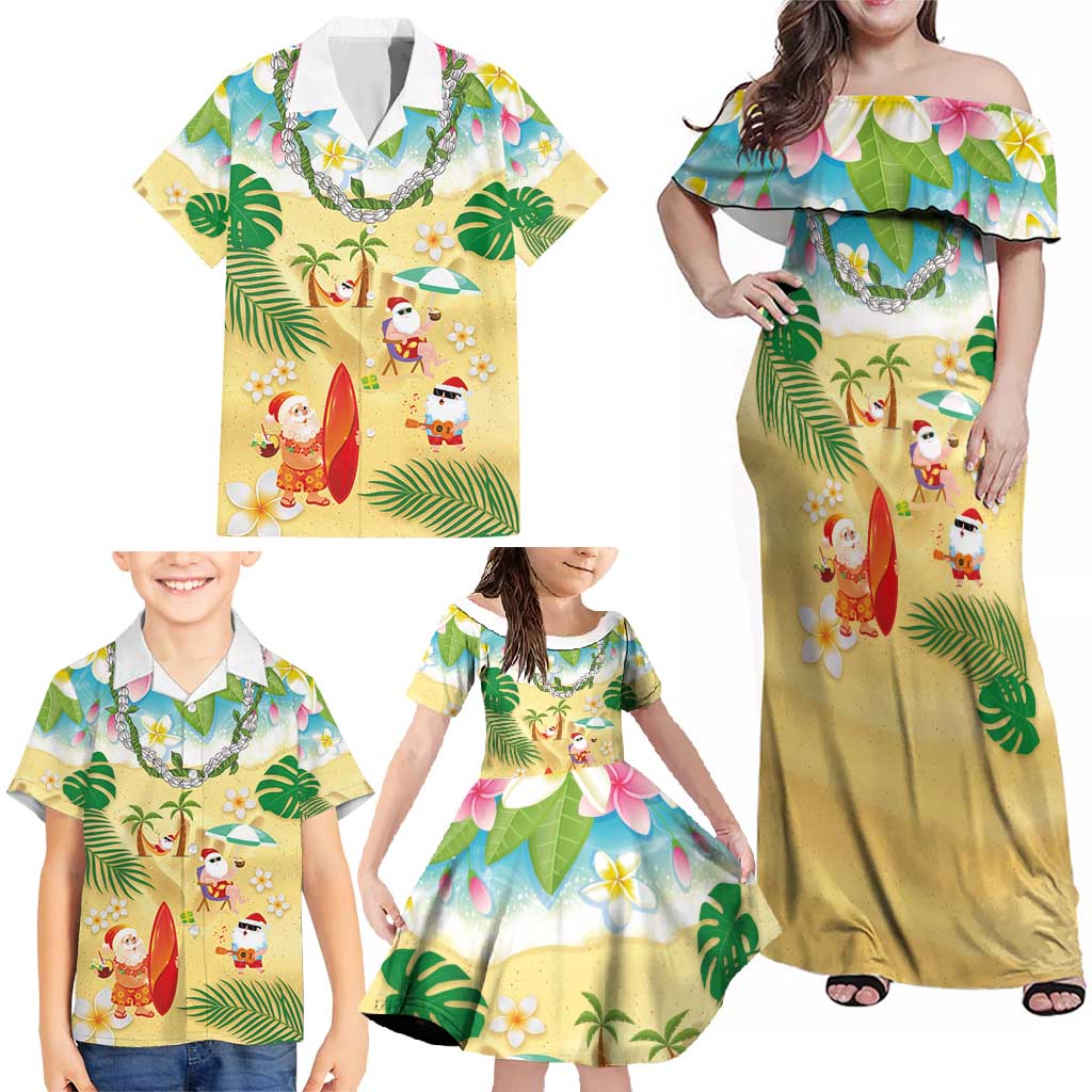 Hawaiian Mele Kalikimaka Family Matching Off Shoulder Maxi Dress and Hawaiian Shirt Tropical Plumeria and Lei Funny Santa Beach LT03 - Polynesian Pride