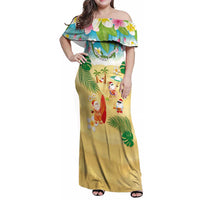 Hawaiian Mele Kalikimaka Family Matching Off Shoulder Maxi Dress and Hawaiian Shirt Tropical Plumeria and Lei Funny Santa Beach LT03 Mom's Dress Multicolor - Polynesian Pride