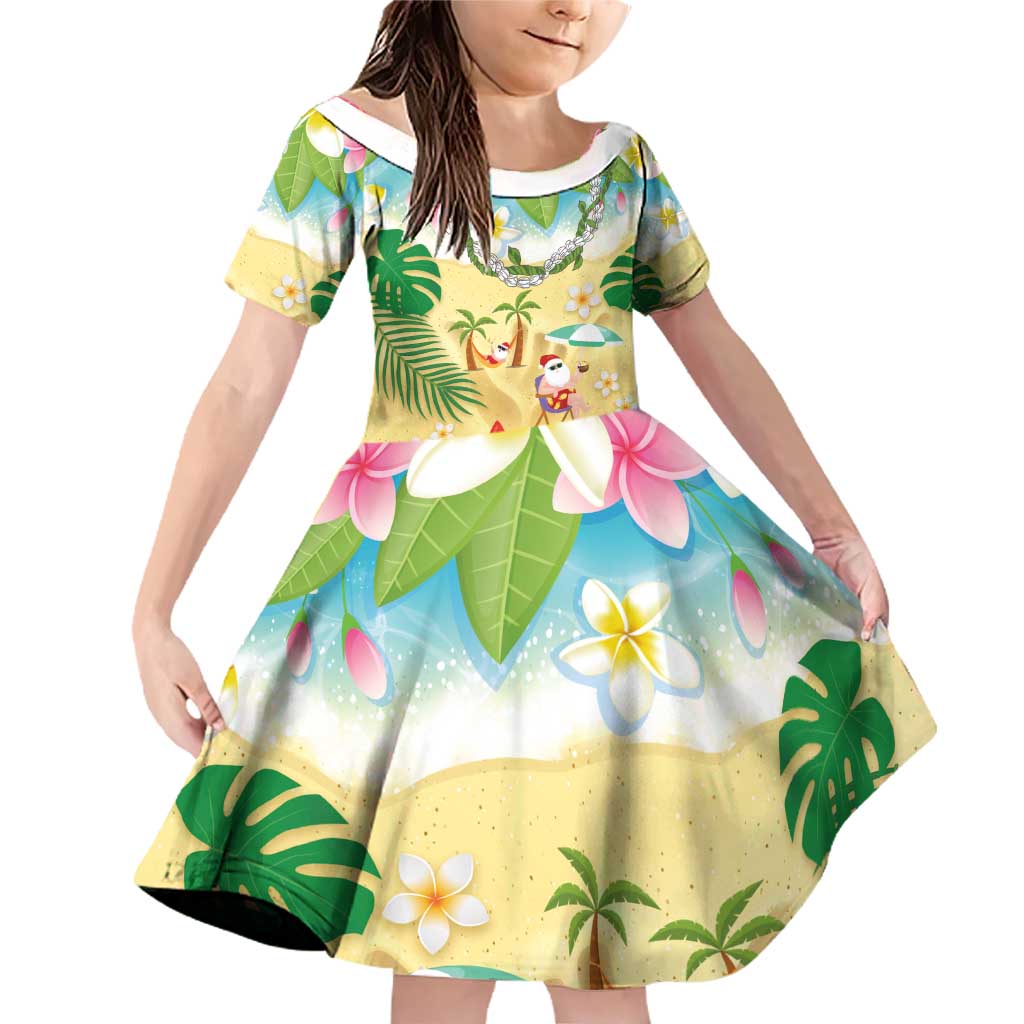 Hawaiian Mele Kalikimaka Family Matching Off Shoulder Short Dress and Hawaiian Shirt Tropical Plumeria and Lei Funny Santa Beach LT03 Daughter's Dress Multicolor - Polynesian Pride