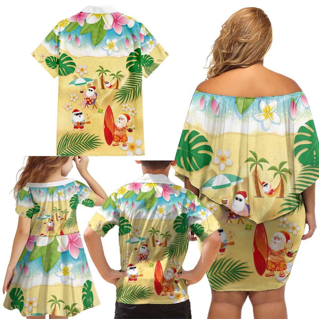Hawaiian Mele Kalikimaka Family Matching Off Shoulder Short Dress and Hawaiian Shirt Tropical Plumeria and Lei Funny Santa Beach LT03 - Polynesian Pride