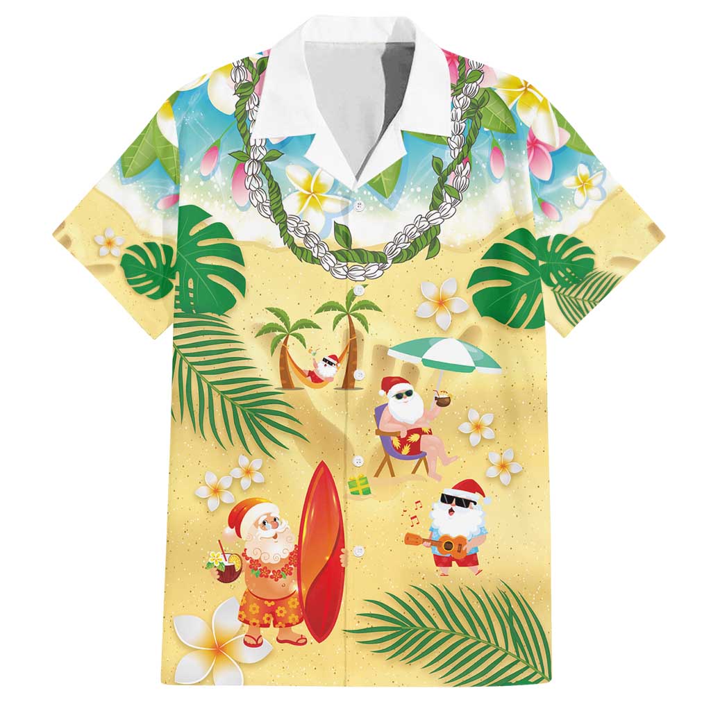 Hawaiian Mele Kalikimaka Family Matching Off Shoulder Short Dress and Hawaiian Shirt Tropical Plumeria and Lei Funny Santa Beach LT03 Dad's Shirt - Short Sleeve Multicolor - Polynesian Pride