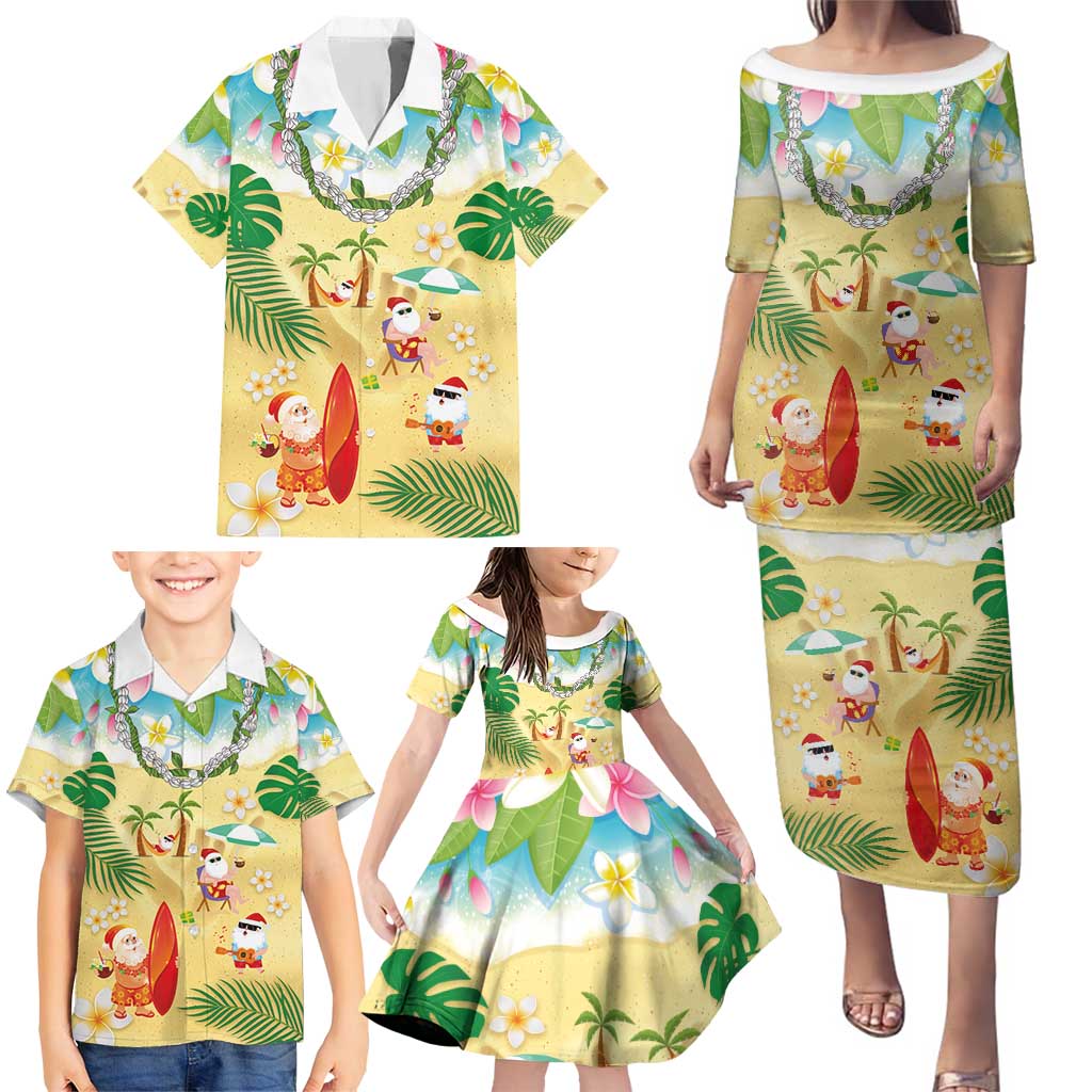 Hawaiian Mele Kalikimaka Family Matching Puletasi and Hawaiian Shirt Tropical Plumeria and Lei Funny Santa Beach LT03 - Polynesian Pride
