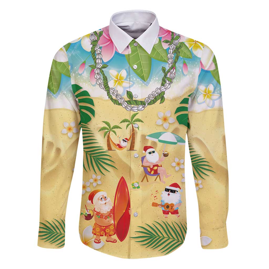 Hawaiian Mele Kalikimaka Family Matching Puletasi and Hawaiian Shirt Tropical Plumeria and Lei Funny Santa Beach LT03 Dad's Shirt - Long Sleeve Multicolor - Polynesian Pride