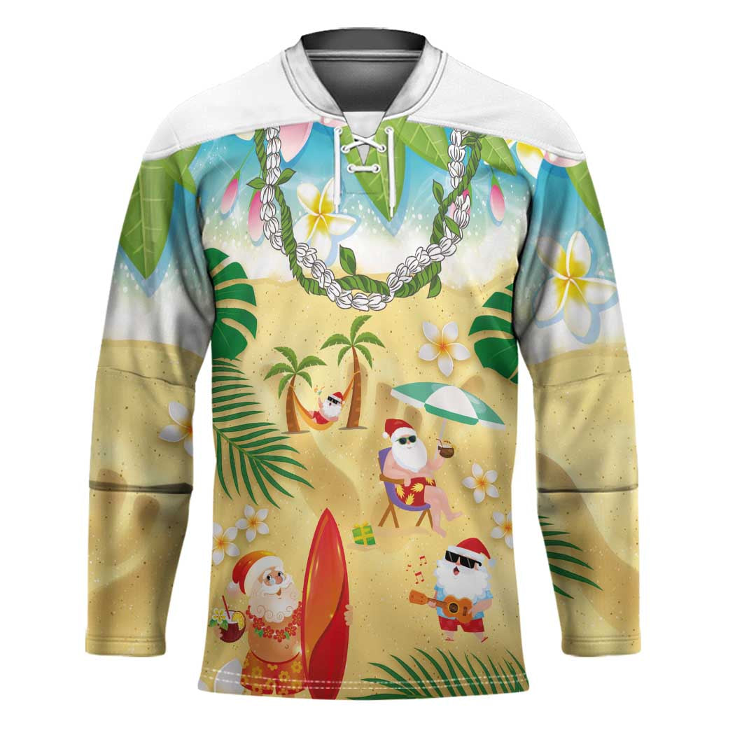 Hawaiian Mele Kalikimaka Hockey Jersey Tropical Plumeria and Lei Funny Santa Beach - Polynesian Pride