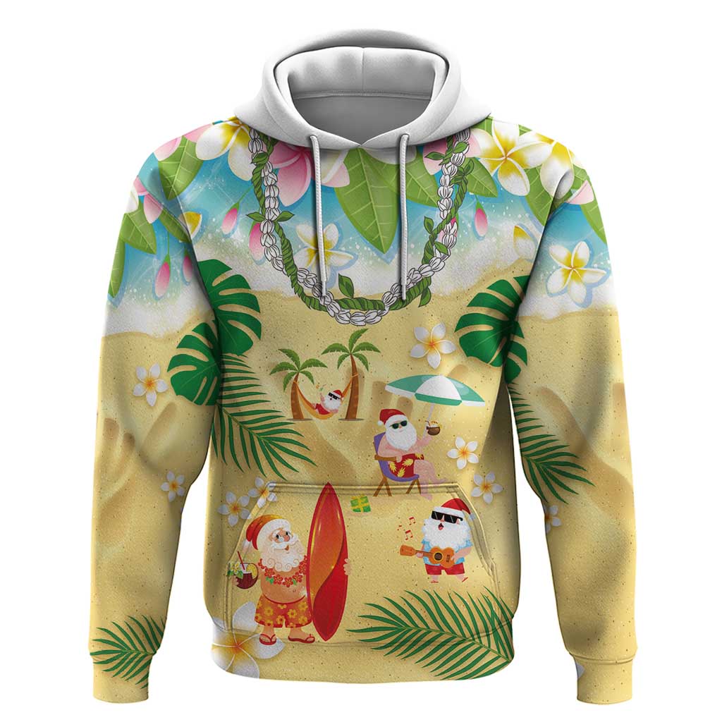 Hawaiian Mele Kalikimaka Hoodie Tropical Plumeria and Lei Funny Santa Beach LT03 Pullover Hoodie Multicolor - Polynesian Pride