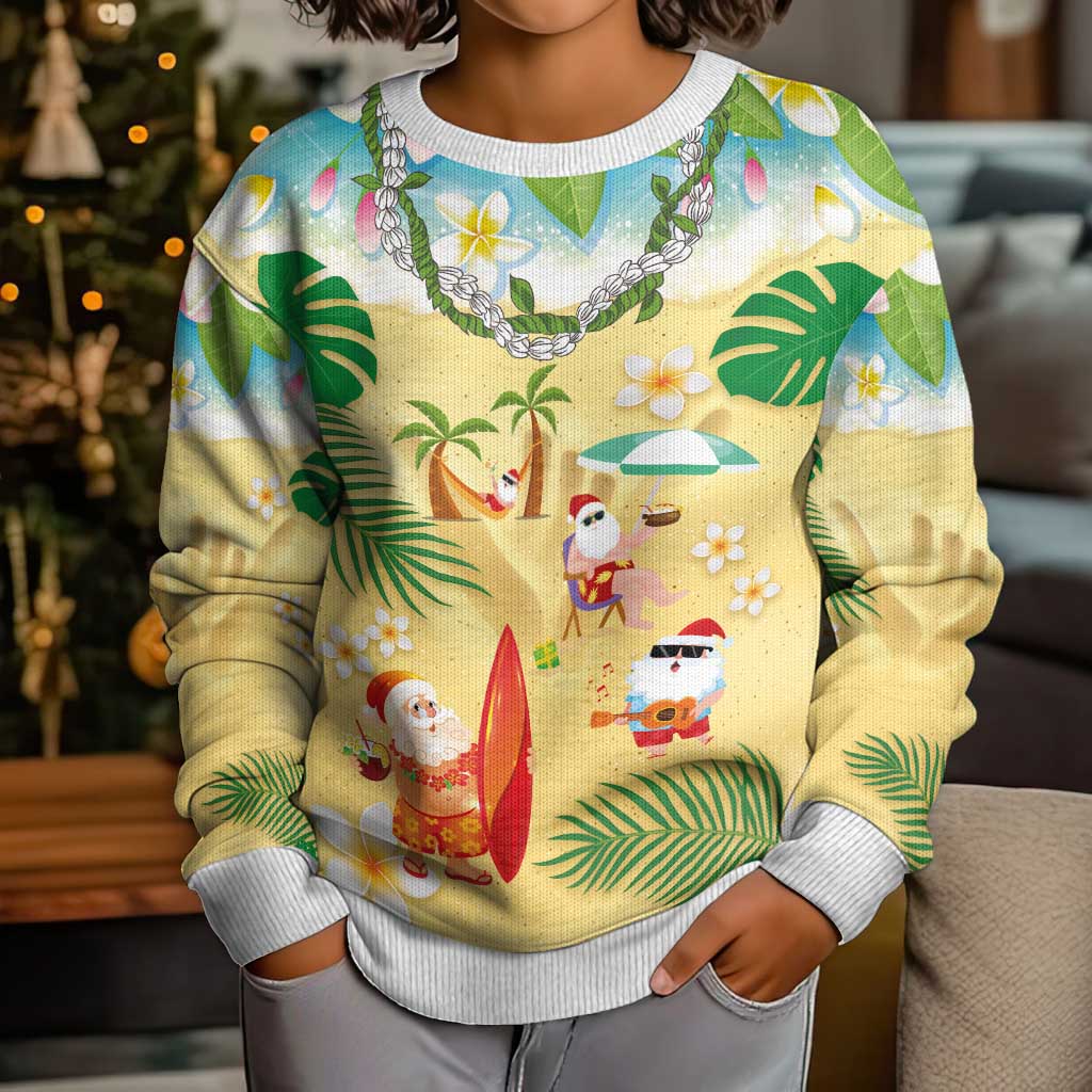 Hawaiian Mele Kalikimaka Kid Ugly Christmas Sweater Funny Santa Claus on Beach with Tropical Plants and Lei LT03 - Polynesian Pride