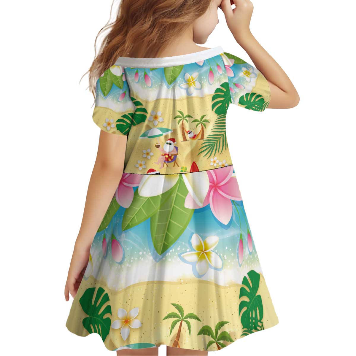 Hawaiian Mele Kalikimaka Kid Short Sleeve Dress Tropical Plumeria and Lei Funny Santa Beach LT03 - Polynesian Pride