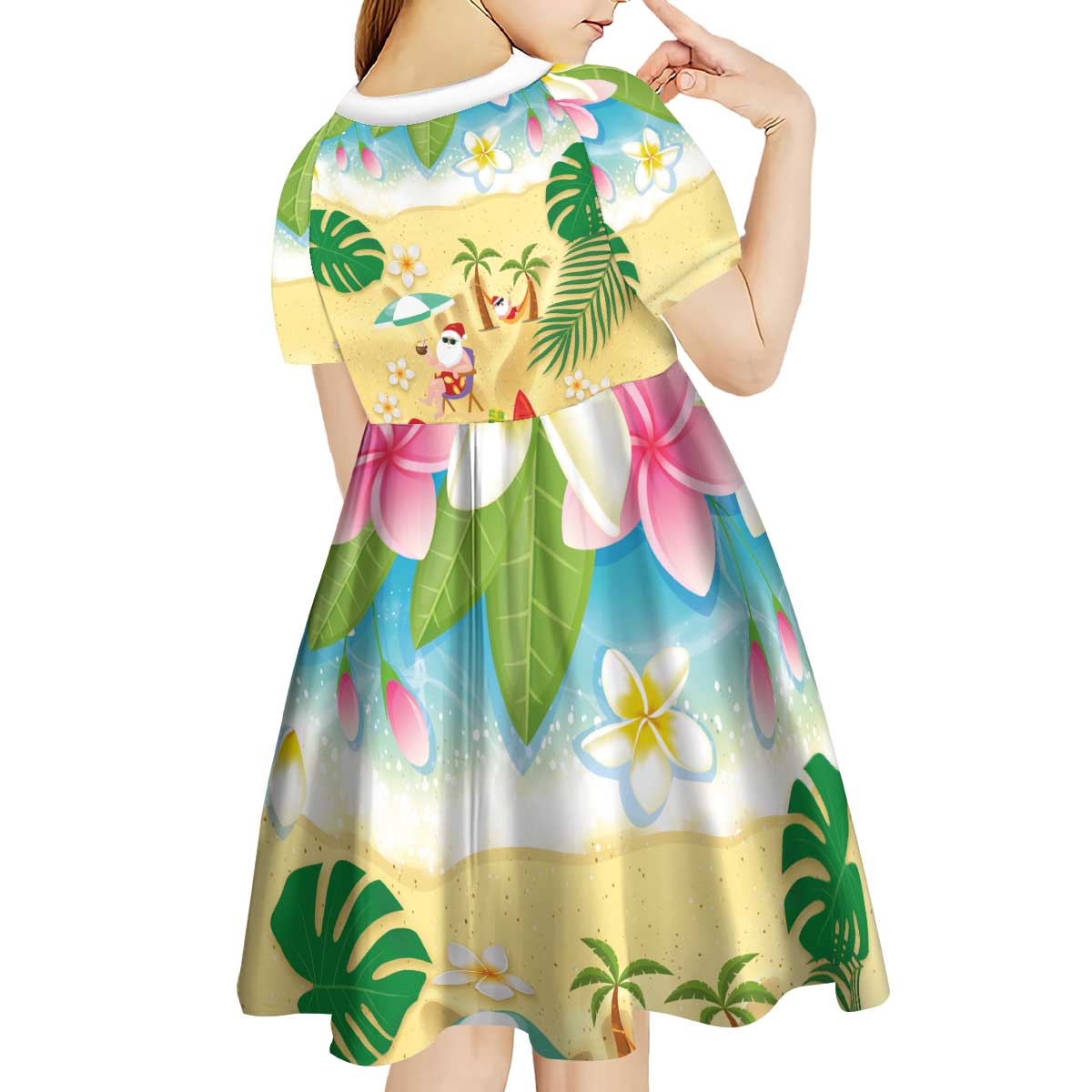Hawaiian Mele Kalikimaka Kid Short Sleeve Dress Tropical Plumeria and Lei Funny Santa Beach LT03 - Polynesian Pride