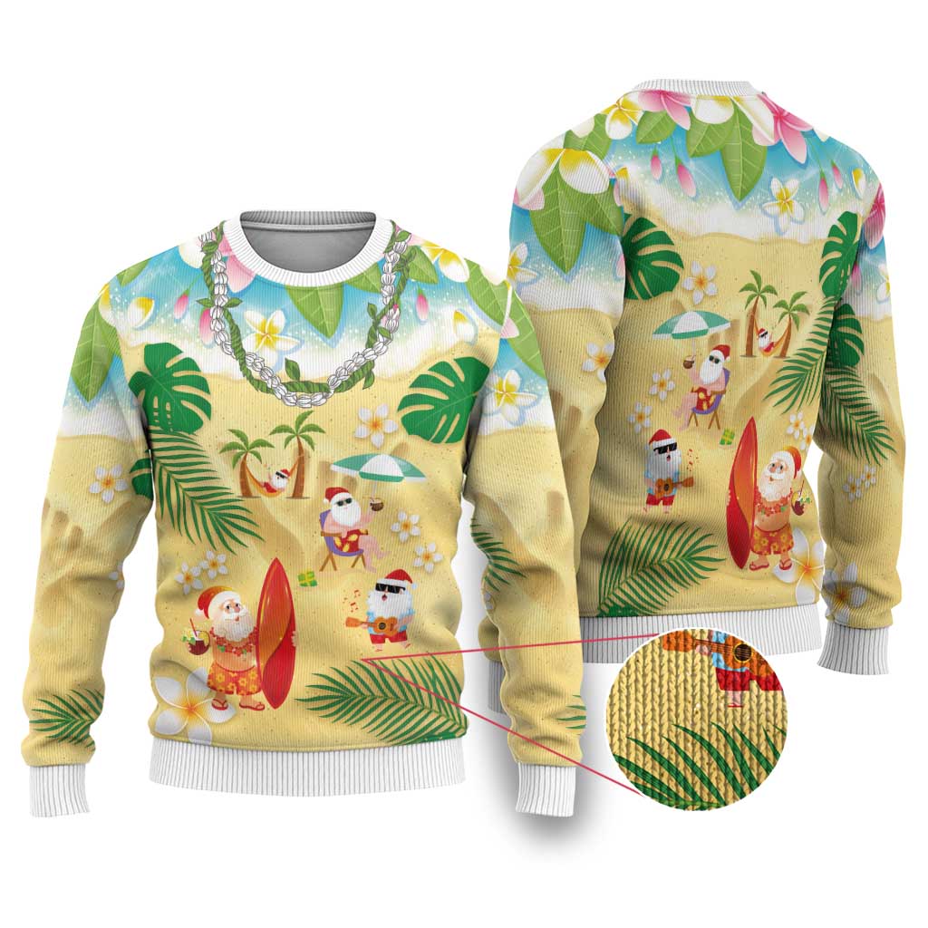 Hawaiian Mele Kalikimaka Ugly Christmas Sweater Funny Santa Claus on Beach with Tropical Plants and Lei LT03 Multicolor - Polynesian Pride