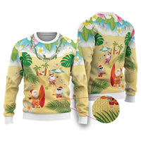 Hawaiian Mele Kalikimaka Ugly Christmas Sweater Funny Santa Claus on Beach with Tropical Plants and Lei LT03 Multicolor - Polynesian Pride
