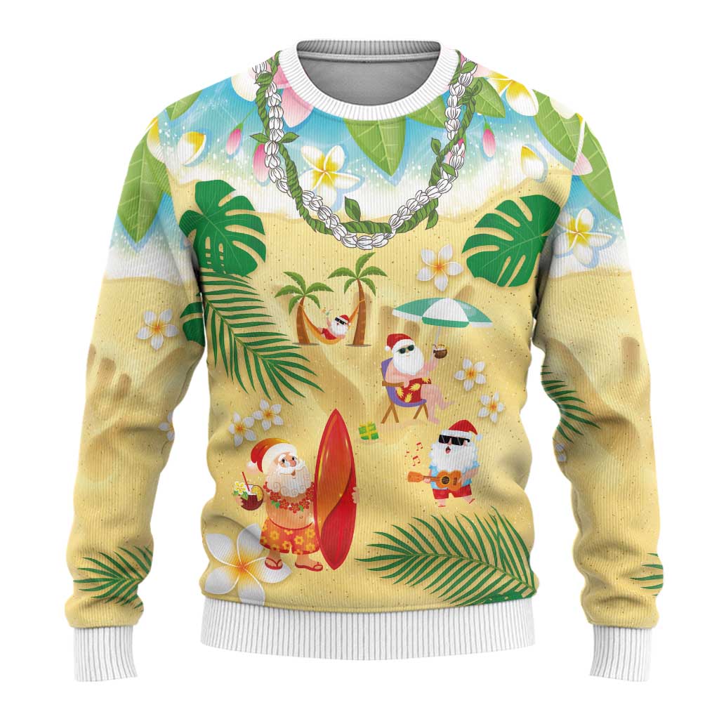 Hawaiian Mele Kalikimaka Ugly Christmas Sweater Funny Santa Claus on Beach with Tropical Plants and Lei LT03 - Polynesian Pride