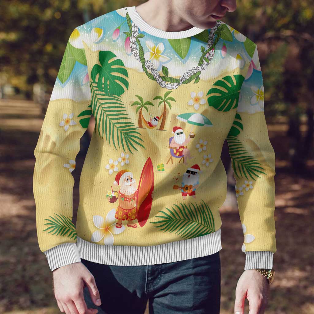 Hawaiian Mele Kalikimaka Ugly Christmas Sweater Funny Santa Claus on Beach with Tropical Plants and Lei LT03 - Polynesian Pride