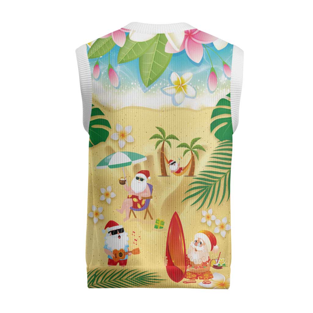 Hawaiian Mele Kalikimaka Christmas Knitted V-Neck Vest Funny Santa Claus on Beach with Tropical Plants and Lei LT03 - Polynesian Pride