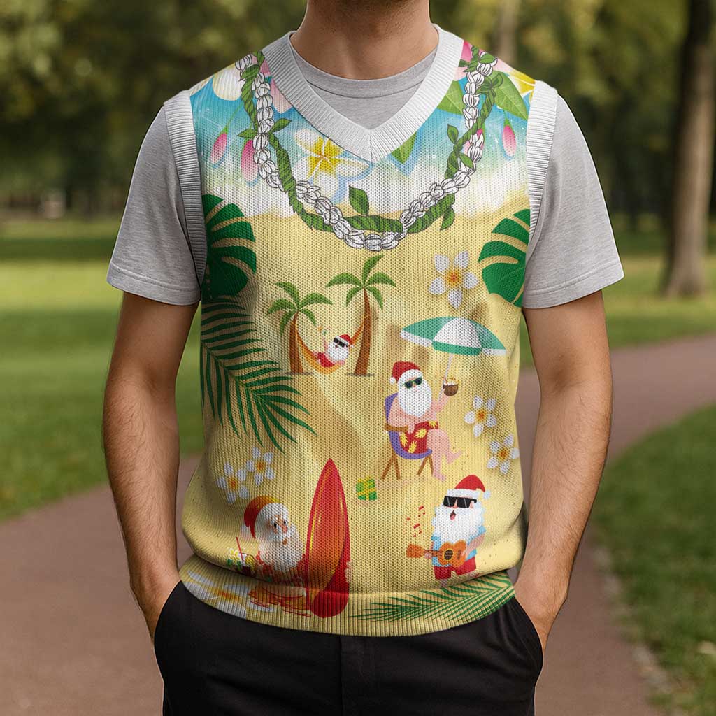 Hawaiian Mele Kalikimaka Christmas Knitted V-Neck Vest Funny Santa Claus on Beach with Tropical Plants and Lei LT03 - Polynesian Pride