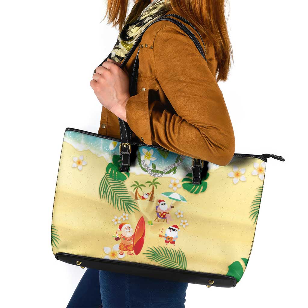 Hawaiian Mele Kalikimaka Leather Tote Bag Tropical Plumeria and Lei Funny Santa Beach LT03 Multicolor - Polynesian Pride
