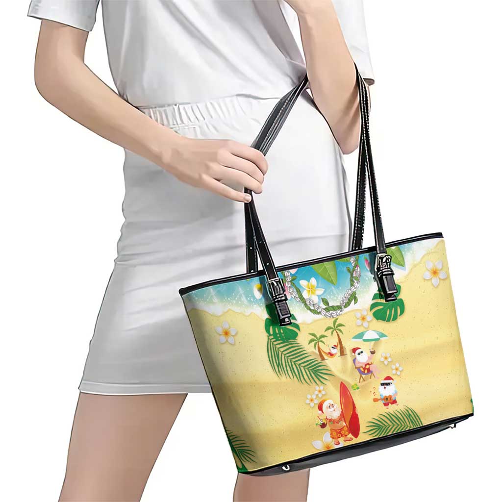Hawaiian Mele Kalikimaka Leather Tote Bag Tropical Plumeria and Lei Funny Santa Beach LT03 - Polynesian Pride