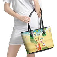 Hawaiian Mele Kalikimaka Leather Tote Bag Tropical Plumeria and Lei Funny Santa Beach LT03 - Polynesian Pride