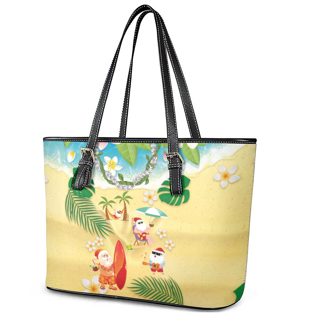 Hawaiian Mele Kalikimaka Leather Tote Bag Tropical Plumeria and Lei Funny Santa Beach LT03 - Polynesian Pride