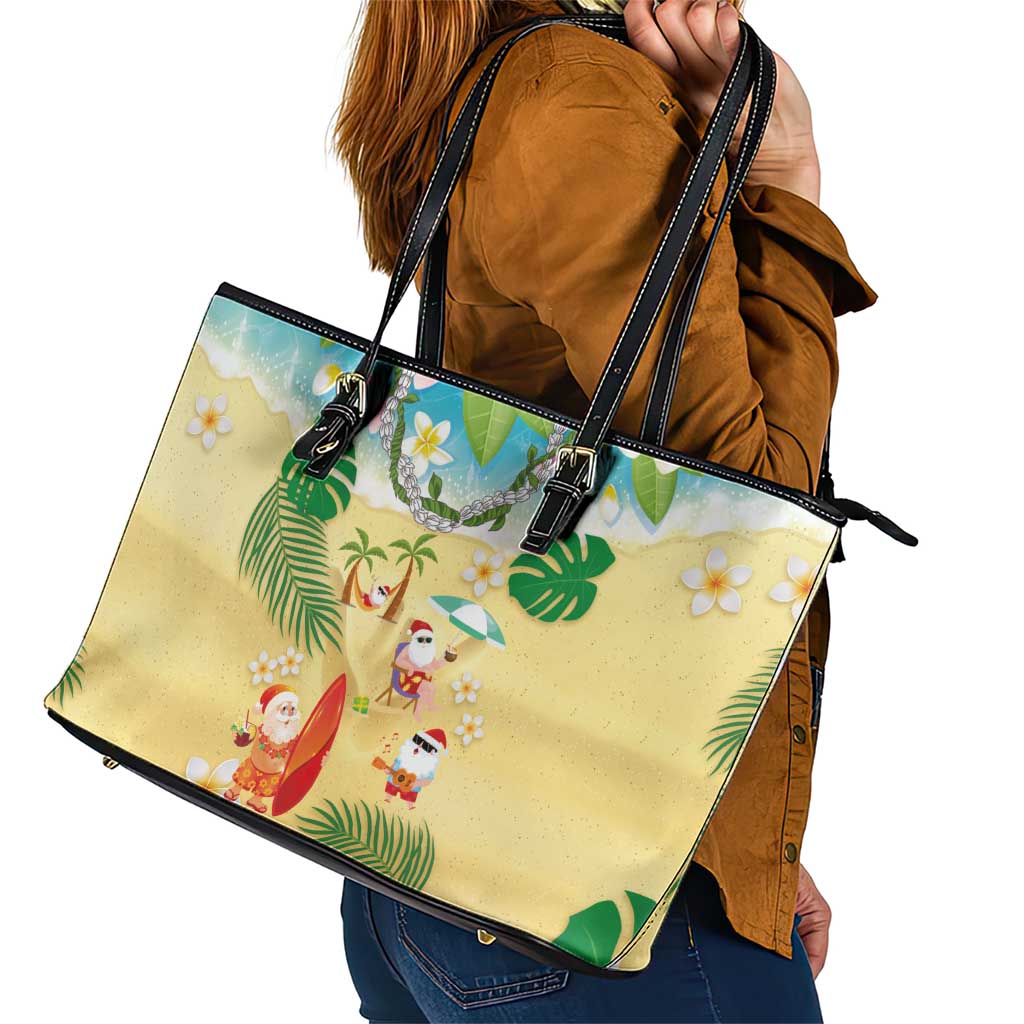 Hawaiian Mele Kalikimaka Leather Tote Bag Tropical Plumeria and Lei Funny Santa Beach LT03 - Polynesian Pride