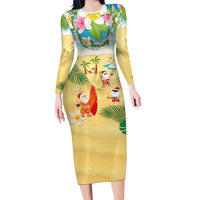 Hawaiian Mele Kalikimaka Long Sleeve Bodycon Dress Tropical Plumeria and Lei Funny Santa Beach LT03 Long Dress Multicolor - Polynesian Pride