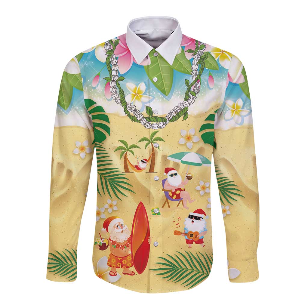Hawaiian Mele Kalikimaka Long Sleeve Button Shirt Tropical Plumeria and Lei Funny Santa Beach LT03 Unisex Multicolor - Polynesian Pride