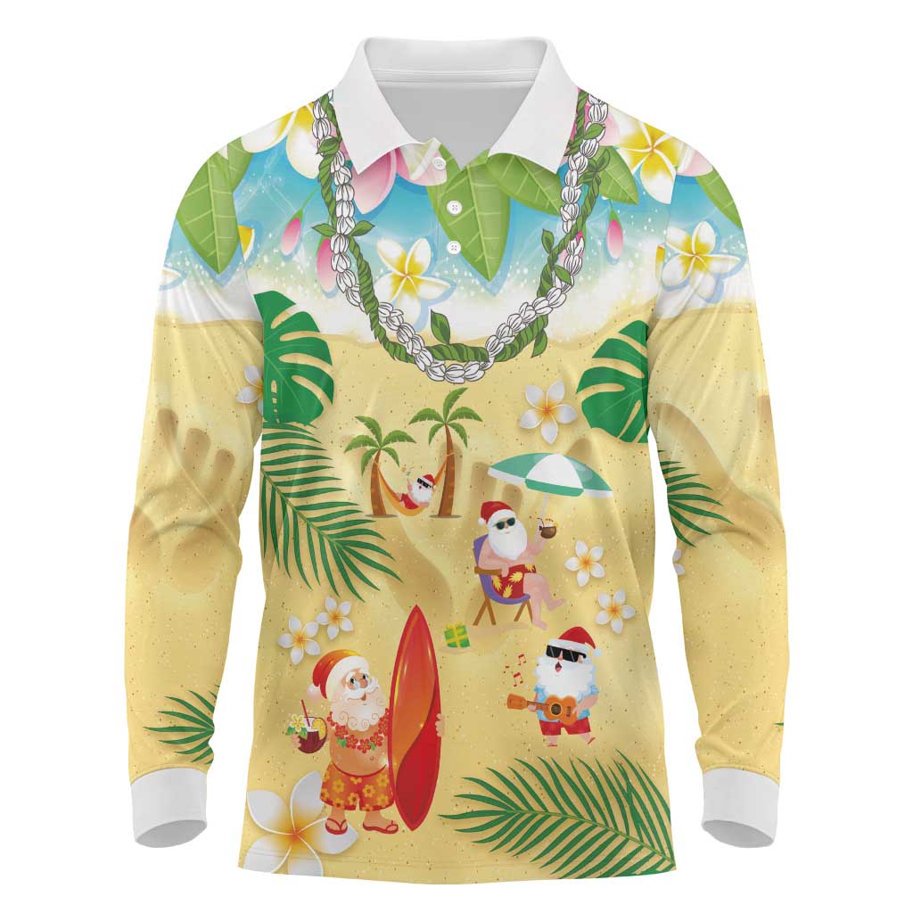 Hawaiian Mele Kalikimaka Long Sleeve Polo Shirt Tropical Plumeria and Lei Funny Santa Beach LT03 Multicolor - Polynesian Pride
