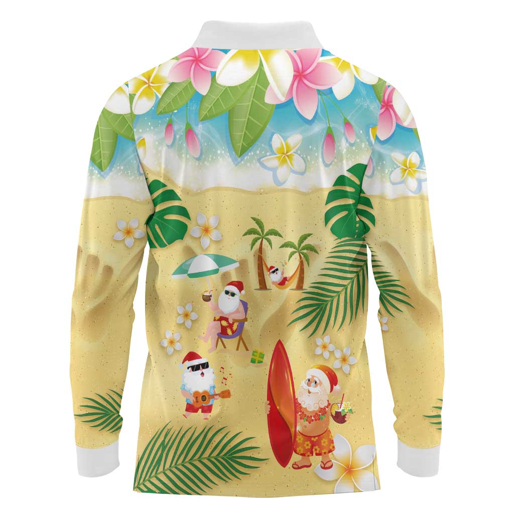 Hawaiian Mele Kalikimaka Long Sleeve Polo Shirt Tropical Plumeria and Lei Funny Santa Beach LT03 - Polynesian Pride