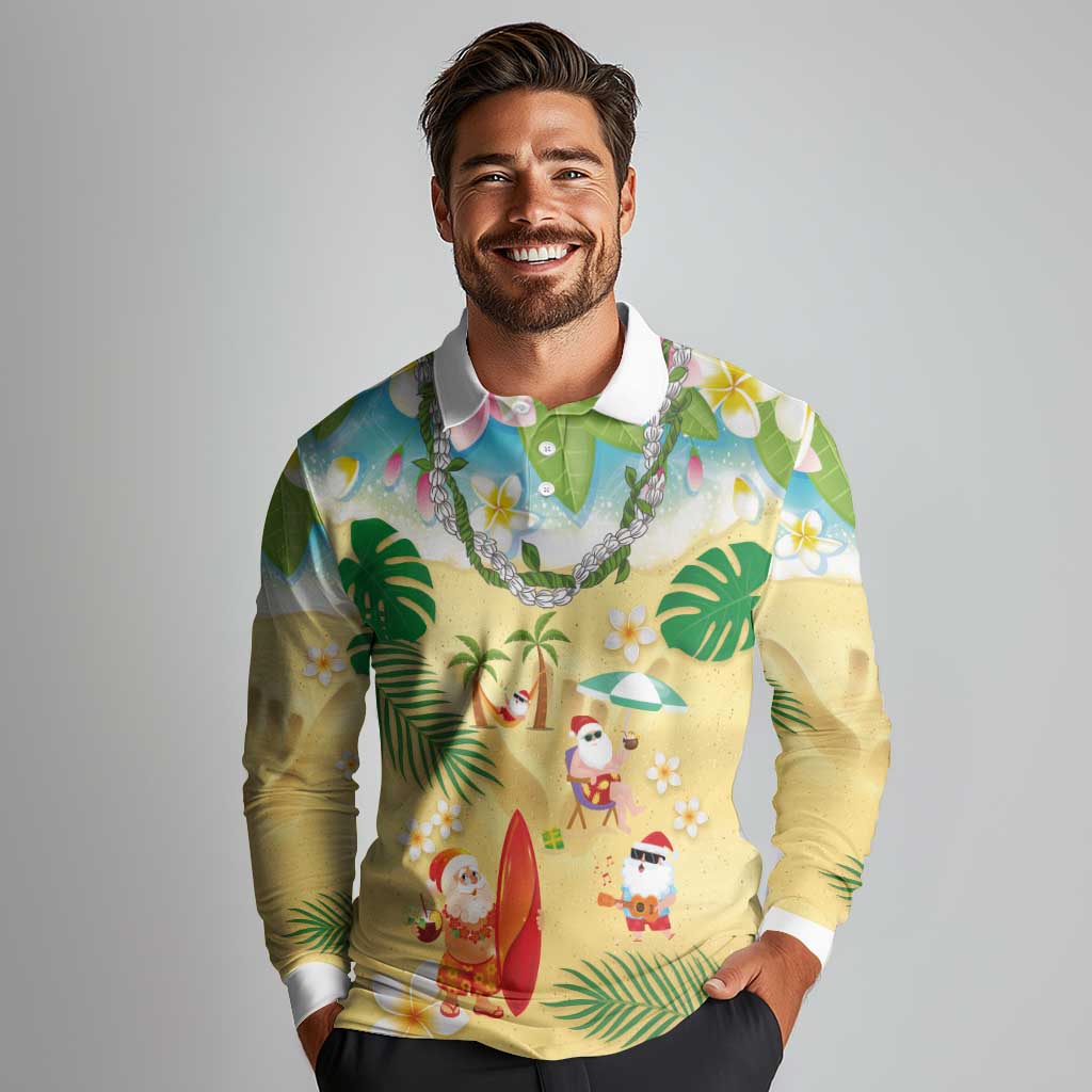 Hawaiian Mele Kalikimaka Long Sleeve Polo Shirt Tropical Plumeria and Lei Funny Santa Beach LT03 - Polynesian Pride