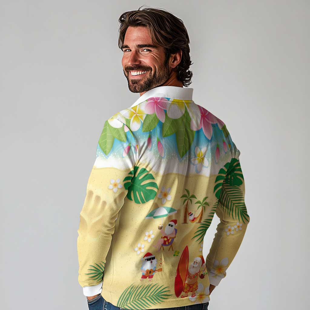 Hawaiian Mele Kalikimaka Long Sleeve Polo Shirt Tropical Plumeria and Lei Funny Santa Beach LT03 - Polynesian Pride
