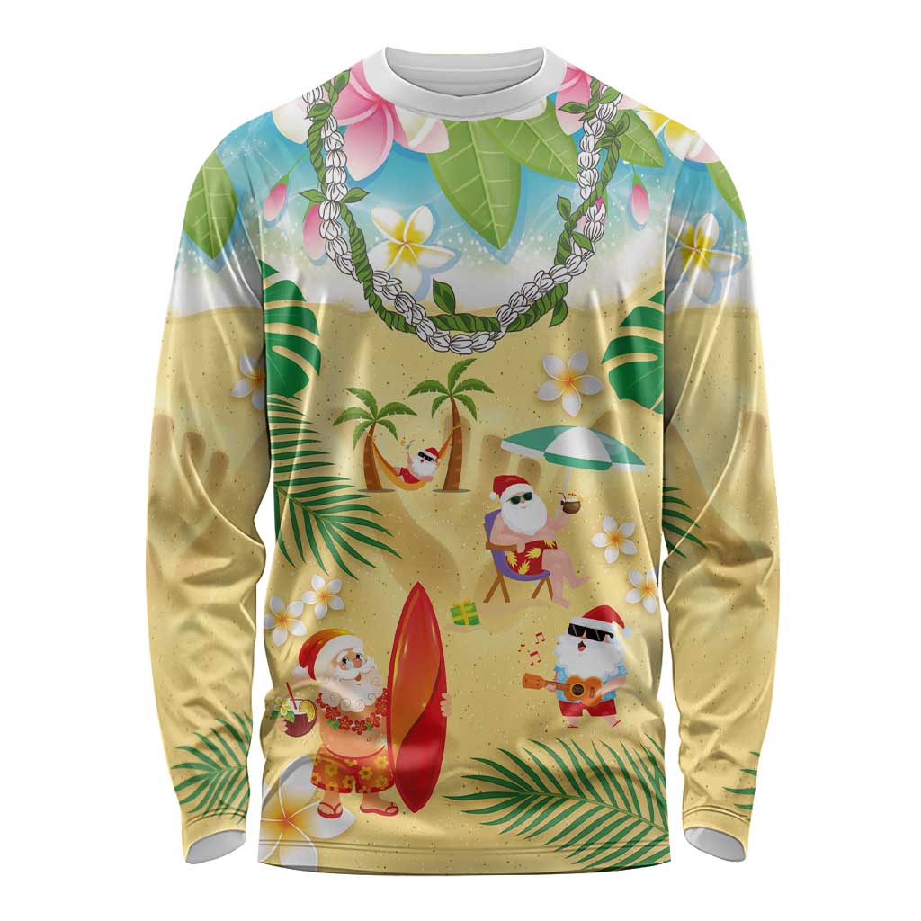 Hawaiian Mele Kalikimaka Long Sleeve Shirt Tropical Plumeria and Lei Funny Santa Beach LT03 Unisex Multicolor - Polynesian Pride