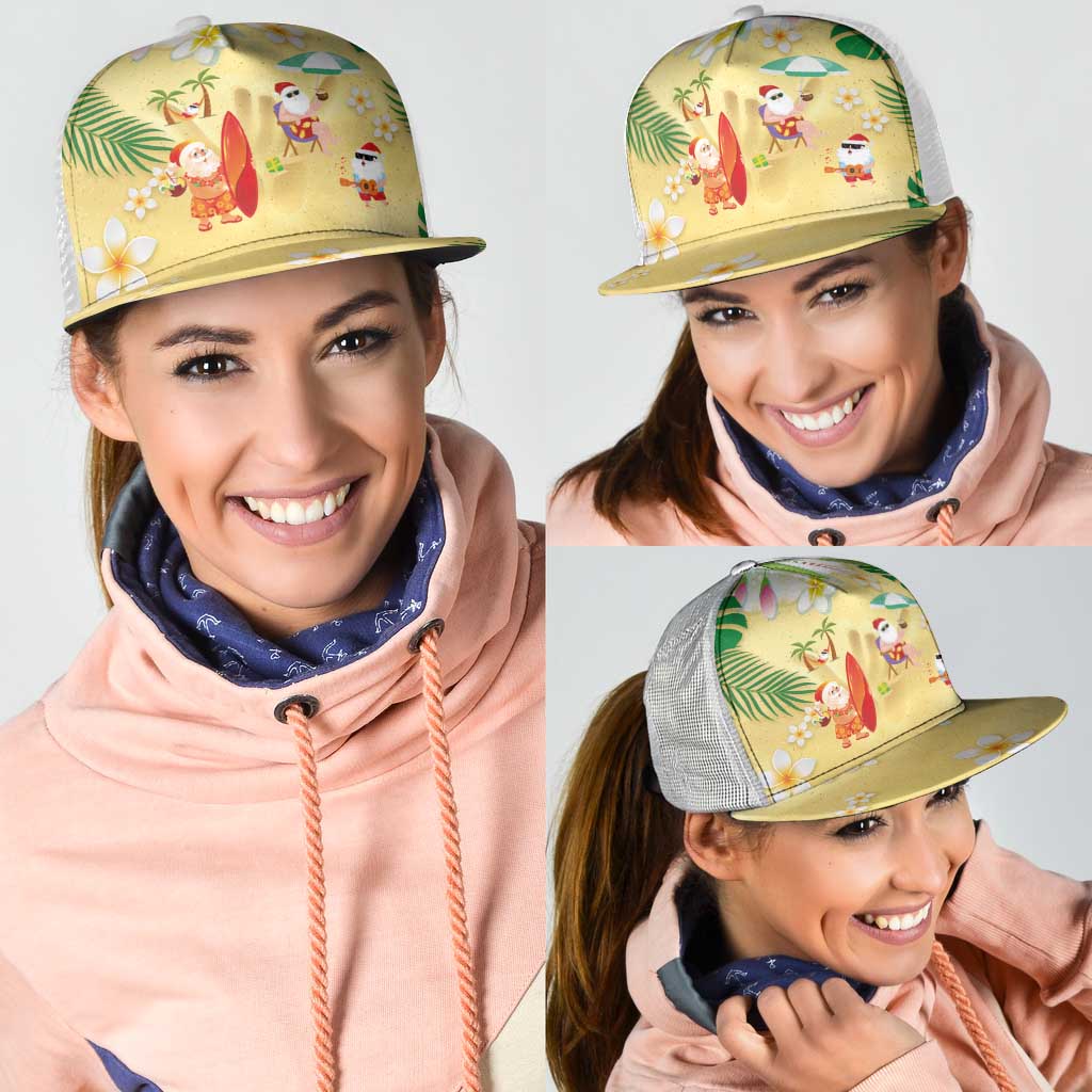 Hawaiian Mele Kalikimaka Mesh Trucker Cap Funny Santa Claus on Beach with Tropical Plants and Lei - Polynesian Pride