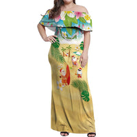 Hawaiian Mele Kalikimaka Off Shoulder Maxi Dress Tropical Plumeria and Lei Funny Santa Beach LT03 Women Multicolor - Polynesian Pride