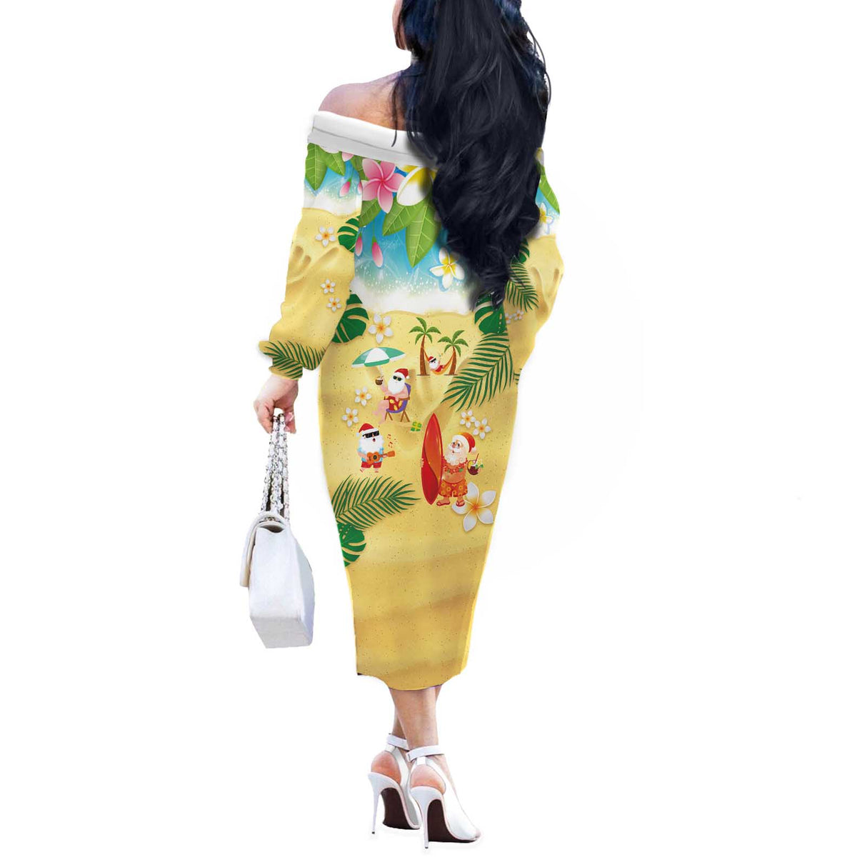 Hawaiian Mele Kalikimaka Off The Shoulder Long Sleeve Dress Tropical Plumeria and Lei Funny Santa Beach LT03 - Polynesian Pride