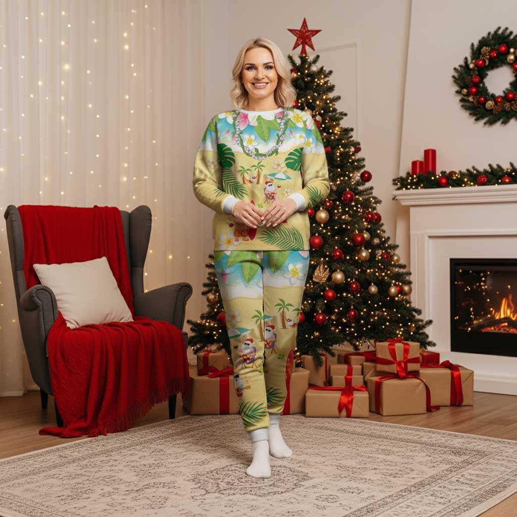 Hawaiian Mele Kalikimaka Christmas Pajama Set Funny Santa Claus on Beach with Tropical Plants and Lei LT03 Women Multicolor - Polynesian Pride