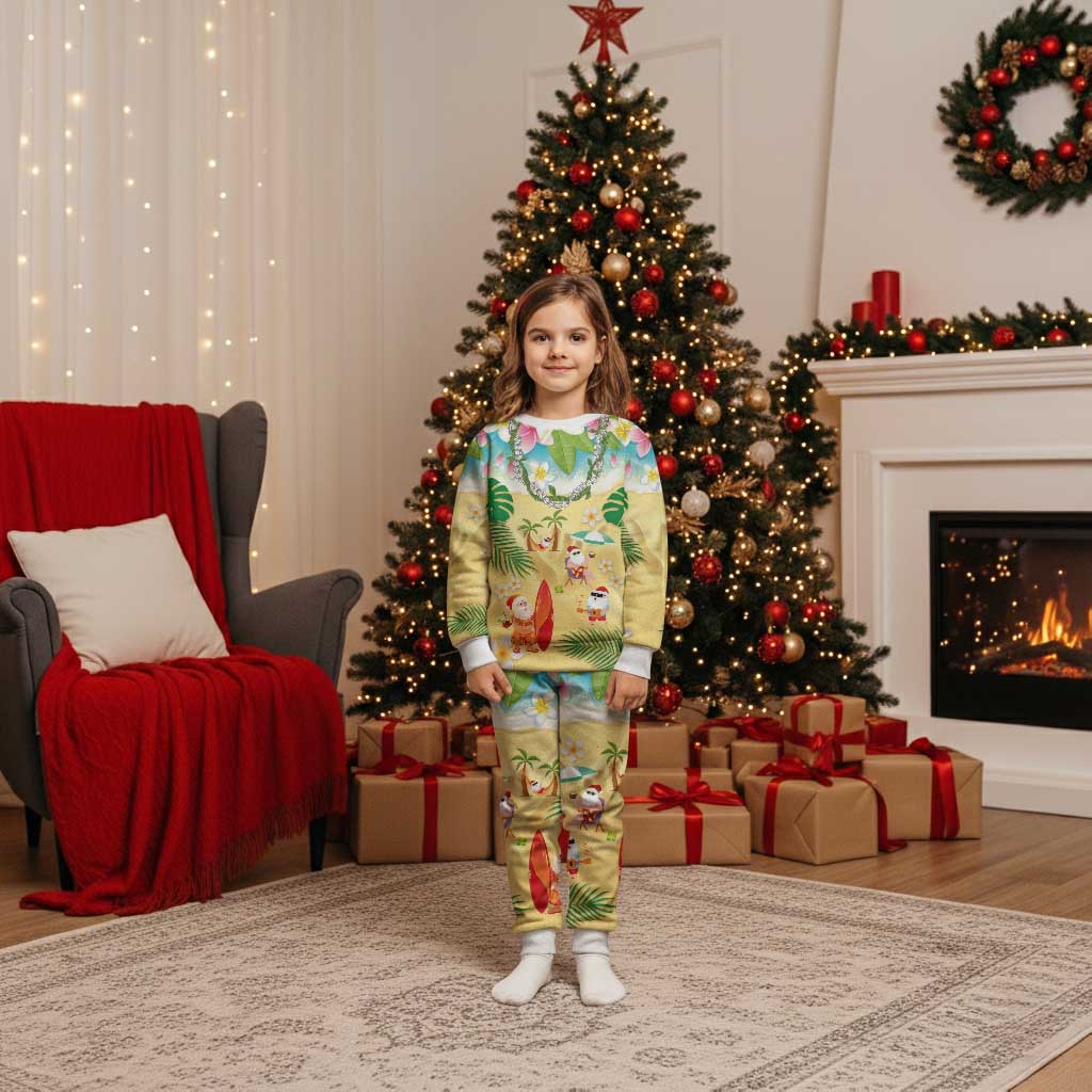 Hawaiian Mele Kalikimaka Christmas Pajama Set Funny Santa Claus on Beach with Tropical Plants and Lei LT03 Kid Multicolor - Polynesian Pride