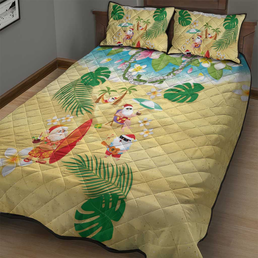 Hawaiian Mele Kalikimaka Quilt Bed Set Tropical Plumeria and Lei Funny Santa Beach - Polynesian Pride