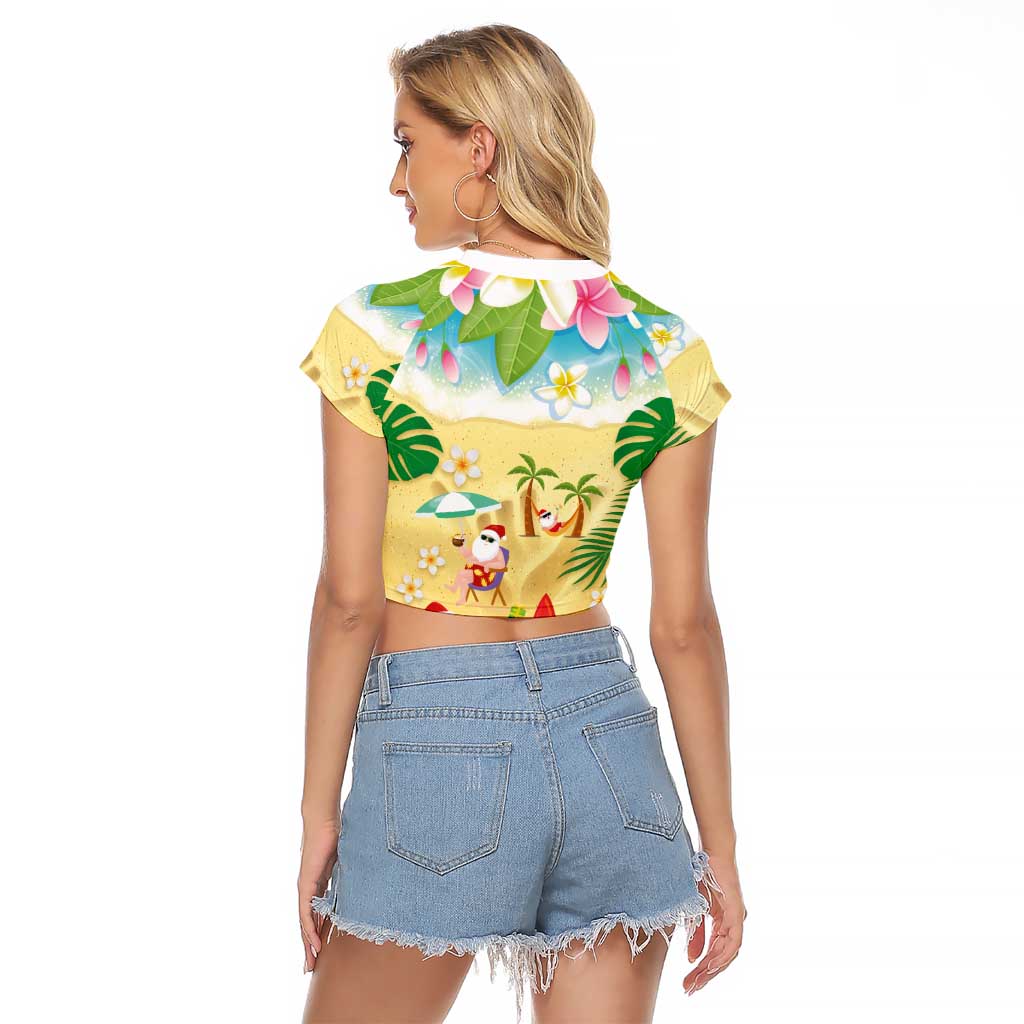 Hawaiian Mele Kalikimaka Raglan Cropped T Shirt Tropical Plumeria and Lei Funny Santa Beach LT03 - Polynesian Pride