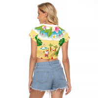 Hawaiian Mele Kalikimaka Raglan Cropped T Shirt Tropical Plumeria and Lei Funny Santa Beach LT03 - Polynesian Pride